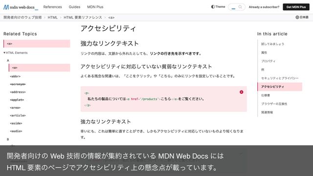 ։ൃऀ޲͚ͷ Web ٕज़ͷ৘ใ͕ू໿͞Ε͍ͯΔ MDN Web Docs ʹ͸
HTML ཁૉͷϖʔδͰΞΫηγϏϦςΟ্ͷݒ೦఺͕ࡌ͍ͬͯ·͢ɻ
