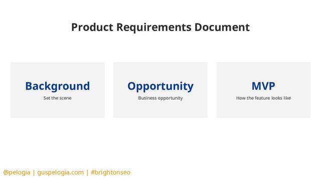 @pelogia | guspelogia.com | #brightonseo
Product Requirements Document
Opportunity
Business opportunity
Background
Set the scene
MVP
How the feature looks like

