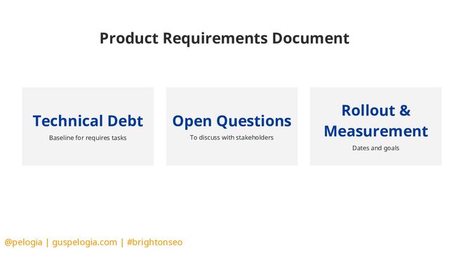 @pelogia | guspelogia.com | #brightonseo
Product Requirements Document
Open Questions
To discuss with stakeholders
Technical Debt
Baseline for requires tasks
Rollout &
Measurement
Dates and goals
