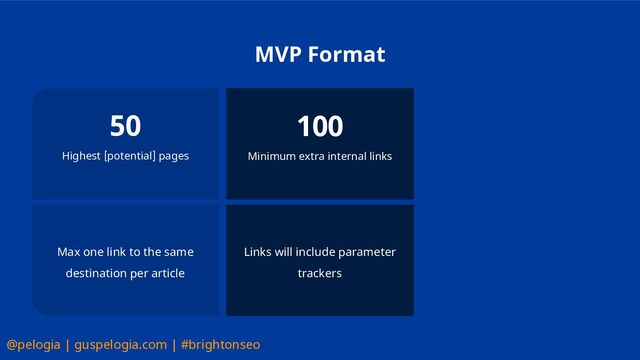 @pelogia | guspelogia.com | #brightonseo
MVP Format
50
Highest [potential] pages
100
Minimum extra internal links
Max one link to the same
destination per article
Links will include parameter
trackers
