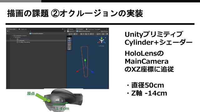 描画の課題 ②オクルージョンの実装
Unityプリミティブ
Cylinder+シェーダー
HoloLensの
MainCamera
のXZ座標に追従
・直径50cm
・Z軸 -14cm
原点
１４cm
