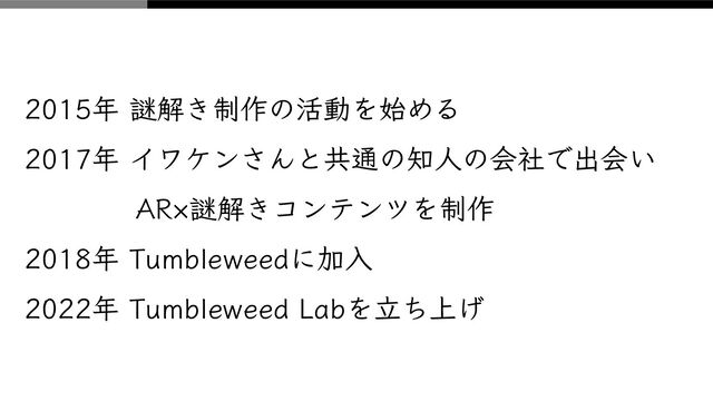 2015年 謎解き制作の活動を始める
2017年 イワケンさんと共通の知人の会社で出会い
AR×謎解きコンテンツを制作
2018年 Tumbleweedに加入
2022年 Tumbleweed Labを立ち上げ
