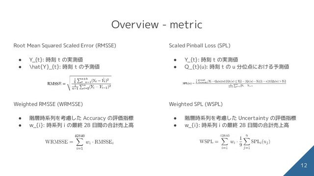 Overview - metric
12
Root Mean Squared Scaled Error (RMSSE)
● Y_{t}: 時刻 t の実測値
● \hat{Y}_{t}: 時刻 t の予測値
Weighted RMSSE (WRMSSE)
● 階層時系列を考慮した Accuracy の評価指標
● w_{i}: 時系列 i の最終 28 日間の合計売上高
Scaled Pinball Loss (SPL)
● Y_{t}: 時刻 t の実測値
● Q_{t}(u): 時刻 t の u 分位点における予測値
Weighted SPL (WSPL)
● 階層時系列を考慮した Uncertainty の評価指標
● w_{i}: 時系列 i の最終 28 日間の合計売上高
