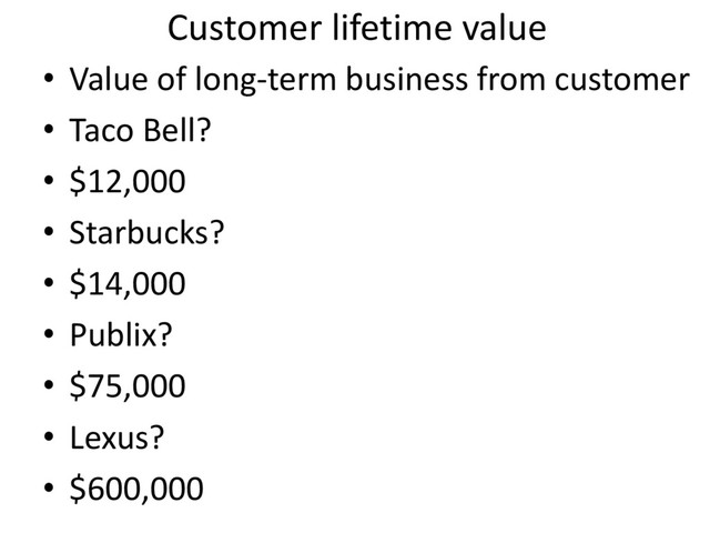 Customer lifetime value
• Value of long-term business from customer
• Taco Bell?
• $12,000
• Starbucks?
• $14,000
• Publix?
• $75,000
• Lexus?
• $600,000
