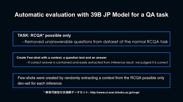Automatic evaluation with 39B JP Model for a QA task
Few-shots were created by randomly extracting a context from the RCQA possible only
dev-set for each inference
Create Few-shot with a context, a question text and an answer
- If correct answer is contained and easily extracted from inference result, we judged it is correct
TASK: RCQA* possible only
- Removed unanswerable questions from dataset of the normal RCQA task
* ղ౴Մೳੑ෇͖ಡղσʔληοτ: http://www.cl.ecei.tohoku.ac.jp/rcqa/
