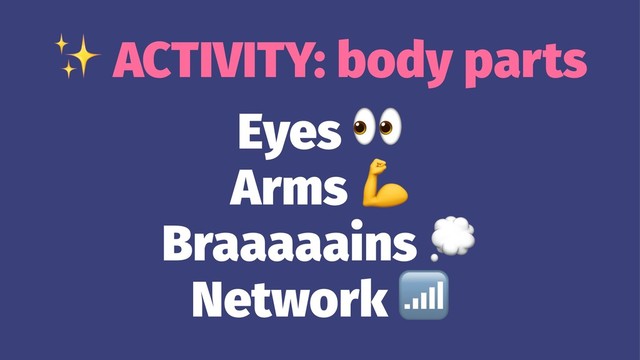 ✨
ACTIVITY: body parts
Eyes
Arms
Braaaaains
Network
