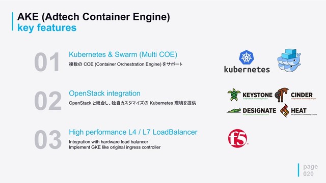 page
020
AKE (Adtech Container Engine)
key features
02 OpenStack integration
OpenStack と統合し、独自カスタマイズの Kubernetes 環境を提供
03 High performance L4 / L7 LoadBalancer
Integration with hardware load balancer
Implement GKE like original ingress controller
01 Kubernetes & Swarm (Multi COE)
複数の COE (Container Orchestration Engine) をサポート
