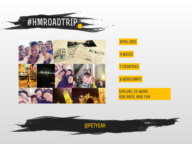 3 wordcamps
4 weeks
7 countries
Explore, co-work
give back, have fun
#HMROADTRIP
@petyeah
April 2015
