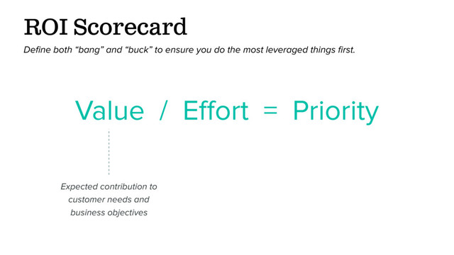 Value / Eﬀort = Priority
Expected contribution to
customer needs and
business objectives
ROI Scorecard
Deﬁne both “bang” and “buck” to ensure you do the most leveraged things ﬁrst.
