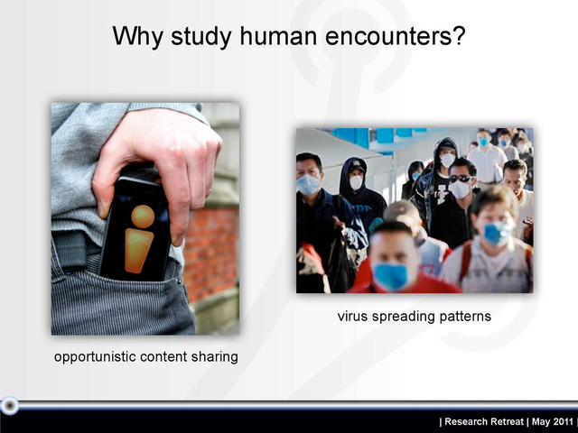 | Research Retreat | May 2011 |
Why study human encounters?
opportunistic content sharing
virus spreading patterns

