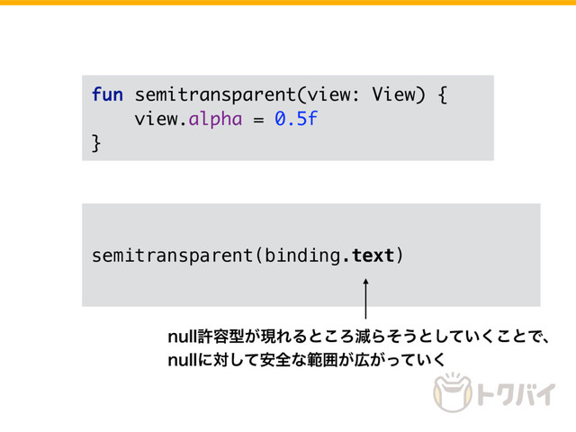 fun semitransparent(view: View) {
view.alpha = 0.5f
}
semitransparent(binding.text)
OVMMڐ༰ܕ͕ݱΕΔͱ͜ΖݮΒͦ͏ͱ͍ͯ͘͜͠ͱͰɺ
OVMMʹରͯ҆͠શͳൣғ͕޿͕͍ͬͯ͘
