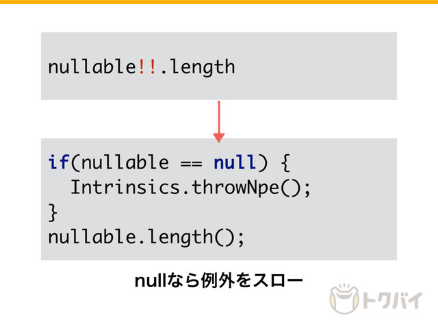 nullable!!.length
if(nullable == null) {
Intrinsics.throwNpe();
}
nullable.length();
OVMMͳΒྫ֎Λεϩʔ
