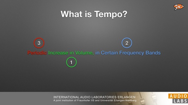 INTERNATIONAL AUDIO LABORATORIES ERLANGEN
A joint institution of Fraunhofer IIS and Universität Erlangen-Nürnberg
What is Tempo?
Periodic Increase in Volume, in Certain Frequency Bands
2
1
3
