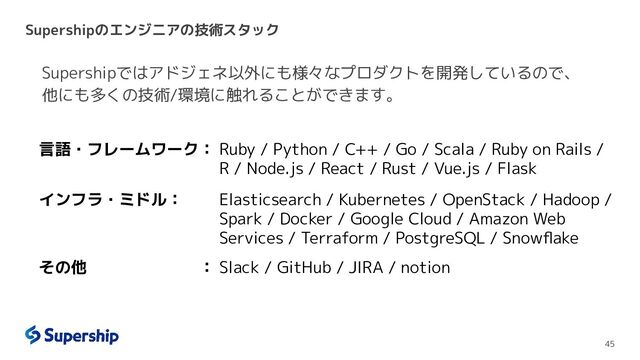Supershipのエンジニアの技術スタック
45
Ruby / Python / C++ / Go / Scala / Ruby on Rails /
R / Node.js / React / Rust / Vue.js / Flask
Elasticsearch / Kubernetes / OpenStack / Hadoop /
Spark / Docker / Google Cloud / Amazon Web
Services / Terraform / PostgreSQL / Snowﬂake
Slack / GitHub / JIRA / notion
言語・フレームワーク：
インフラ・ミドル：
その他 ：
Supershipではアドジェネ以外にも様々なプロダクトを開発しているので、
他にも多くの技術/環境に触れることができます。

