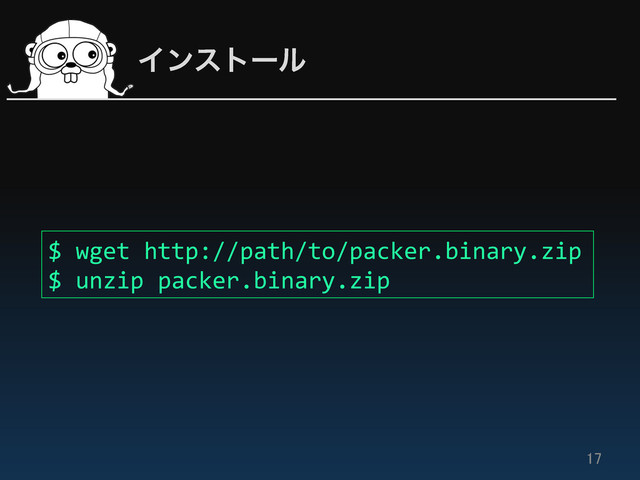 Πϯετʔϧ
17	
$	  wget	  http://path/to/packer.binary.zip	  
$	  unzip	  packer.binary.zip	  	  
