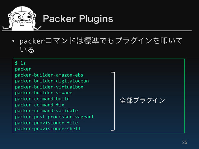 1BDLFS1MVHJOT
•  packerίϚϯυ͸ඪ४Ͱ΋ϓϥάΠϯΛୟ͍ͯ
͍Δ	  

25	
$	  ls	  
packer	  
packer-­‐builder-­‐amazon-­‐ebs	  
packer-­‐builder-­‐digitalocean	  
packer-­‐builder-­‐virtualbox	  
packer-­‐builder-­‐vmware	  
packer-­‐command-­‐build	  
packer-­‐command-­‐fix	  
packer-­‐command-­‐validate	  
packer-­‐post-­‐processor-­‐vagrant	  
packer-­‐provisioner-­‐file	  
packer-­‐provisioner-­‐shell	  
શ෦ϓϥάΠϯ
