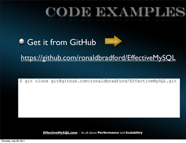 EffectiveMySQL.com - Its all about Performance and Scalability
CODE EXAMPLES
Get it from GitHub Github
https://github.com/ronaldbradford/EffectiveMySQL
$ git clone git@github.com:ronaldbradford/EffectiveMySQL.git
Thursday, July 28, 2011
