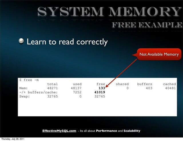 EffectiveMySQL.com - Its all about Performance and Scalability
SYSTEM MEMORY
Learn to read correctly
$ free -m
total used free shared buffers cached
Mem: 48271 48137 133 0 403 40481
-/+ buffers/cache: 7252 41019
Swap: 32765 0 32765
FREE EXAMPLE
Not Available Memory
Thursday, July 28, 2011
