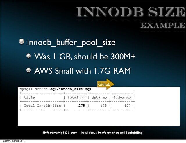 EffectiveMySQL.com - Its all about Performance and Scalability
InnoDB Size
innodb_buffer_pool_size
Was 1 GB, should be 300M+
AWS Small with 1.7G RAM
mysql> source sql/innodb_size.sql
+-------------------+----------+---------+----------+
| title | total_mb | data_mb | index_mb |
+-------------------+----------+---------+----------+
| Total InnoDB Size | 278 | 171 | 107 |
+-------------------+----------+---------+----------+
EXAMPLE
Github
Thursday, July 28, 2011
