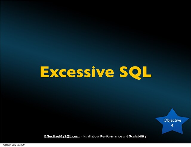 EffectiveMySQL.com - Its all about Performance and Scalability
Excessive SQL
Objective
4
Thursday, July 28, 2011
