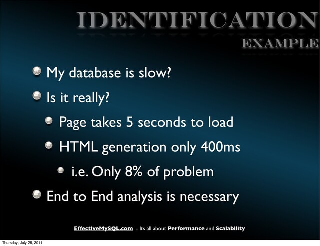 EffectiveMySQL.com - Its all about Performance and Scalability
Identification
My database is slow?
Is it really?
Page takes 5 seconds to load
HTML generation only 400ms
i.e. Only 8% of problem
End to End analysis is necessary
EXAMPLE
Thursday, July 28, 2011
