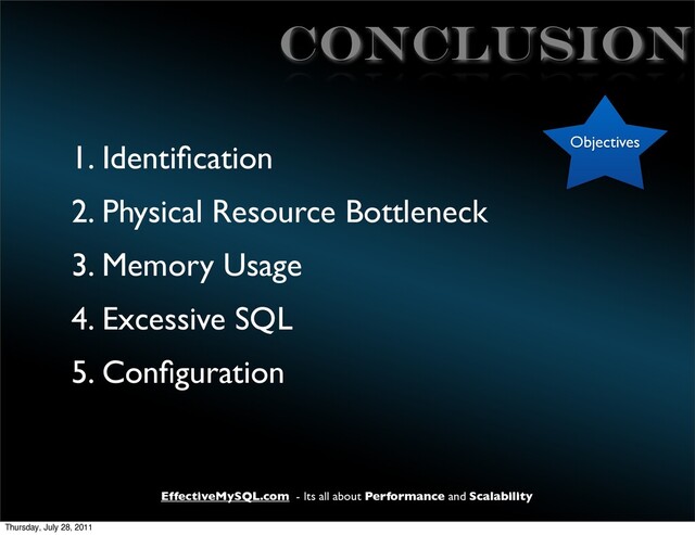 EffectiveMySQL.com - Its all about Performance and Scalability
CONCLUsiON
1. Identiﬁcation
2. Physical Resource Bottleneck
3. Memory Usage
4. Excessive SQL
5. Conﬁguration
Objectives
Thursday, July 28, 2011
