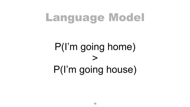 Language Model
P(I’m going home) 
> 
P(I’m going house)
18
