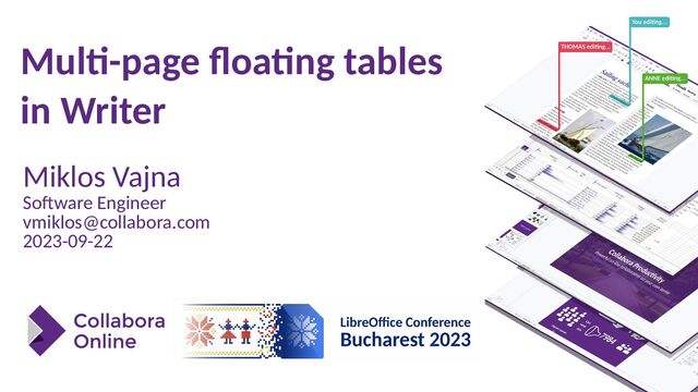 Miklos Vajna
Software Engineer
vmiklos@collabora.com
2023-09-22
Multi-page floating tables
in Writer
