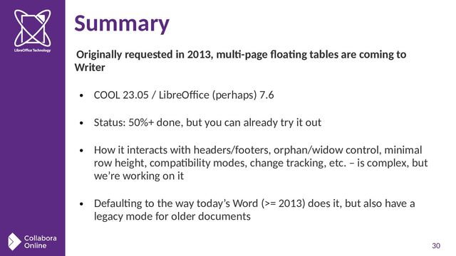 30
Summary
Originally requested in 2013, multi-page floating tables are coming to
Writer
●
COOL 23.05 / LibreOffice (perhaps) 7.6
●
Status: 50%+ done, but you can already try it out
●
How it interacts with headers/footers, orphan/widow control, minimal
row height, compatibility modes, change tracking, etc. – is complex, but
we’re working on it
●
Defaulting to the way today’s Word (>= 2013) does it, but also have a
legacy mode for older documents
