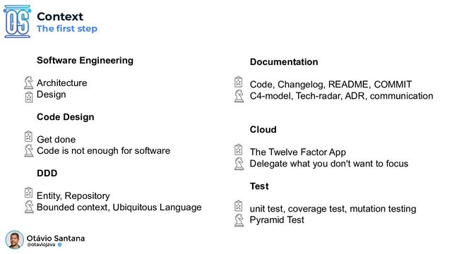 Context
The ﬁrst step
Software Engineering
Architecture
Design
Code Design
Get done
Code is not enough for software
DDD
Entity, Repository
Bounded context, Ubiquitous Language
Documentation
Code, Changelog, README, COMMIT
C4-model, Tech-radar, ADR, communication
Cloud
The Twelve Factor App
Delegate what you don't want to focus
Test
unit test, coverage test, mutation testing
Pyramid Test
