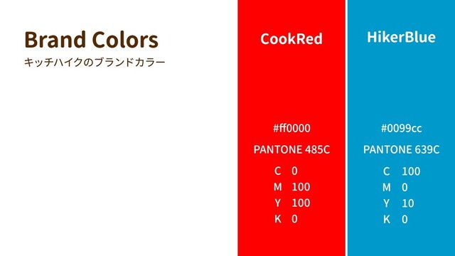 0
10
0
100
K
Y
M
C
PANTONE 639C
0
100
100
0
K
Y
M
C
PANTONE 485C
#0099cc
HikerBlue
#ff0000
CookRed
Brand Colors
キッチハイクのブランドカラー
