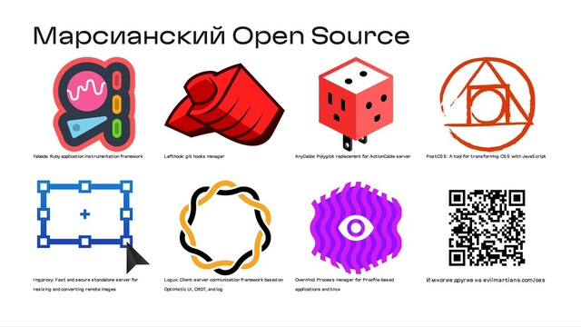 Марсианский Open Source
Yabeda: Ruby application instrum
entation fram
ework Lefthook: git hooks m
anager AnyCable: Polyglot replacem
ent for ActionCable server PostCS S : A tool for transform
ing CS S with JavaS cript
Im
gproxy: Fast and secure standalone server for
resizing and converting rem
ote im
ages
Logux: Client-server com
m
unication fram
ework based on
Optim
istic UI, CRDT, and log
Overm
ind: Process m
anager for Procfile-based
applications and tm
ux
И многие другие на evilmartians.com/oss
