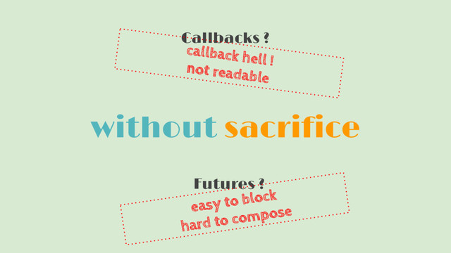 without sacrifice
Callbacks ?
Futures ?
easy to block
hard to compose
callback hell !
not readable
