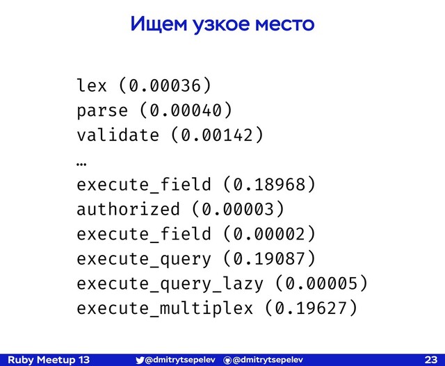 Ruby Meetup 13 @dmitrytsepelev @dmitrytsepelev 23
Ищем узкое место
lex (0.00036)
parse (0.00040)
validate (0.00142)
…
execute_field (0.18968)
authorized (0.00003)
execute_field (0.00002)
execute_query (0.19087)
execute_query_lazy (0.00005)
execute_multiplex (0.19627)
