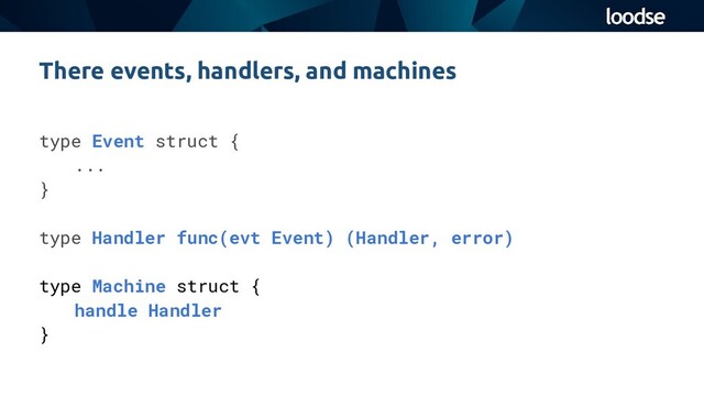 type Event struct {
...
}
type Handler func(evt Event) (Handler, error)
type Machine struct {
handle Handler
}
There events, handlers, and machines
