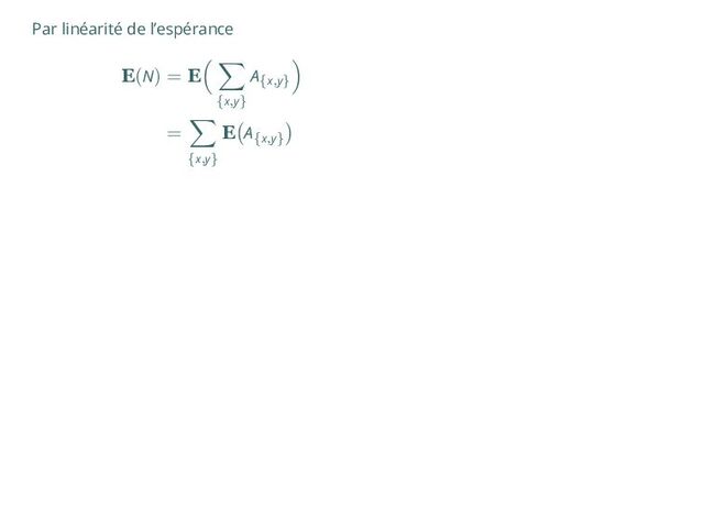 Par linéarité de l’espérance
E(N) = E
( ∑
{x,y}
A{x,y}
)
=
∑
{x,y}
E
(
A{x,y}
)
