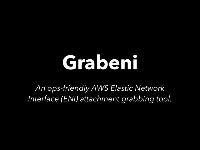 Grabeni
An ops-friendly AWS Elastic Network
Interface (ENI) attachment grabbing tool.
