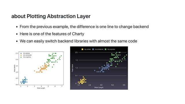 about Plotting Abstraction Layer
From the previous example, the difference is one line to change backend
Here is one of the features of Charty
We can easily switch backend libraries with almost the same code
