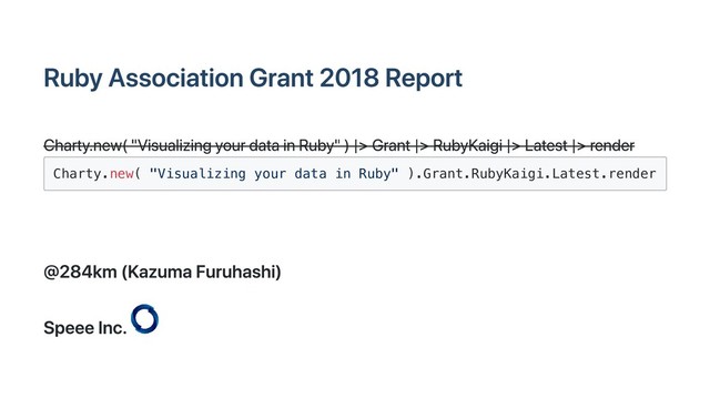 Ruby Association Grant 2018 Report
Charty.new( "Visualizing your data in Ruby" ) |> Grant |> RubyKaigi |> Latest |> render
Charty.new( "Visualizing your data in Ruby" ).Grant.RubyKaigi.Latest.render
@284km (Kazuma Furuhashi)
Speee Inc.
