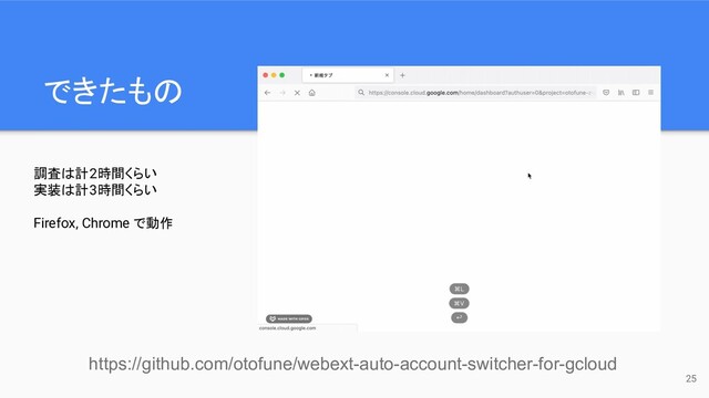 できたもの
25
https://github.com/otofune/webext-auto-account-switcher-for-gcloud
調査は計2時間くらい
実装は計3時間くらい
Firefox, Chrome で動作
