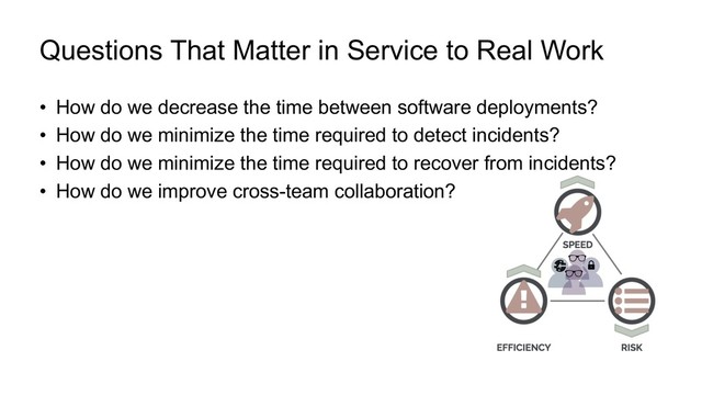 Questions That Matter in Service to Real Work
•  How do we decrease the time between software deployments?
•  How do we minimize the time required to detect incidents?
•  How do we minimize the time required to recover from incidents?
•  How do we improve cross-team collaboration?

