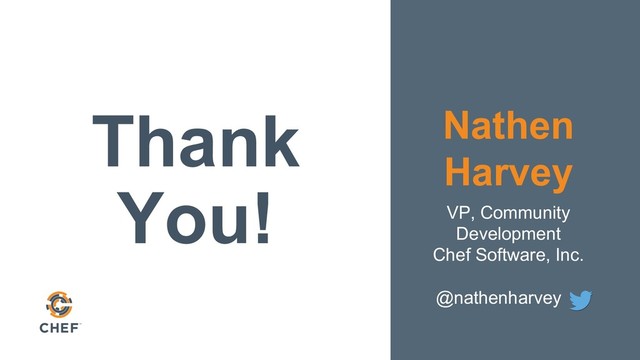 Thank
You!
Nathen
Harvey
VP, Community
Development
Chef Software, Inc.
@nathenharvey .
