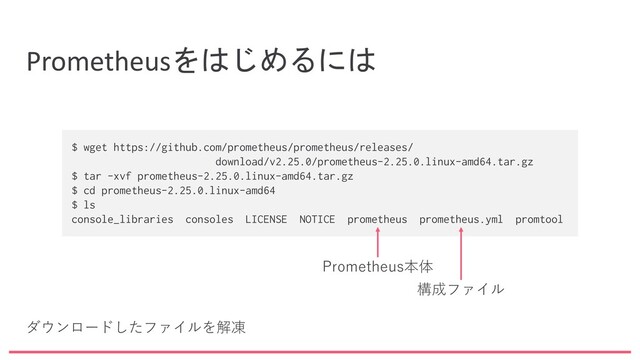 $ wget https://github.com/prometheus/prometheus/releases/
download/v2.25.0/prometheus-2.25.0.linux-amd64.tar.gz
$ tar -xvf prometheus-2.25.0.linux-amd64.tar.gz
$ cd prometheus-2.25.0.linux-amd64
$ ls
console_libraries consoles LICENSE NOTICE prometheus prometheus.yml promtool
Prometheusをはじめるには
ダウンロードしたファイルを解凍
Prometheus本体
構成ファイル
