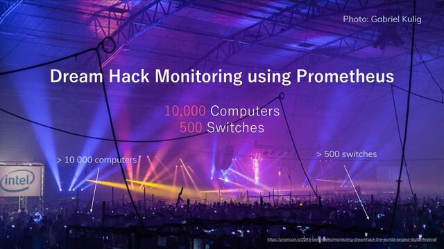 Dream Hack Monitoring using Prometheus
10,000 Computers
500 Switches
https://promcon.io/2016-berlin/talks/monitoring-dreamhack-the-worlds-largest-digital-festival/
