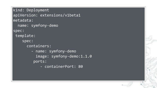 kind: Deployment
apiVersion: extensions/v1beta1
metadata:
name: symfony-demo
spec:
template:
spec:
containers:
- name: symfony-demo
image: symfony-demo:1.1.0
ports:
- containerPort: 80
