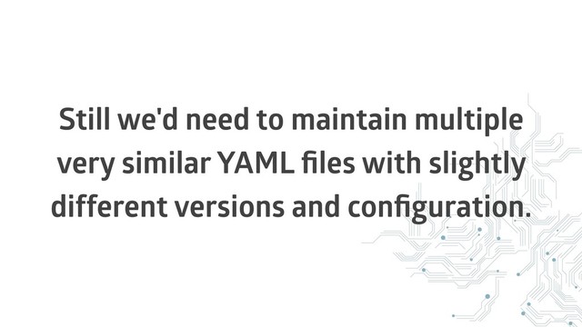 Still we'd need to maintain multiple
very similar YAML ﬁles with slightly
different versions and conﬁguration.
