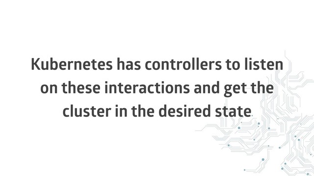 Kubernetes has controllers to listen
on these interactions and get the
cluster in the desired state
