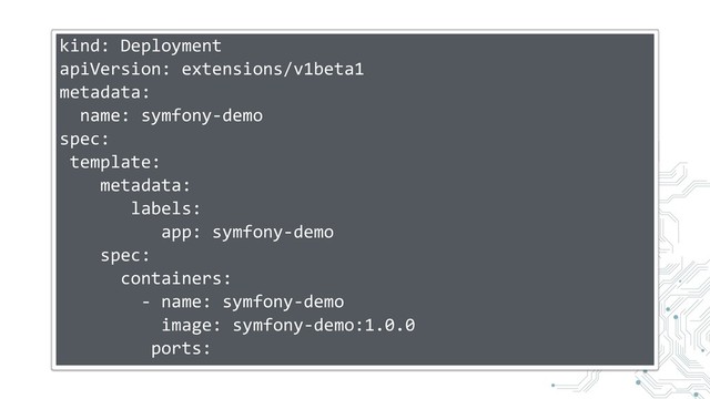 kind: Deployment
apiVersion: extensions/v1beta1
metadata:
name: symfony-demo
spec:
template:
metadata:
labels:
app: symfony-demo
spec:
containers:
- name: symfony-demo
image: symfony-demo:1.0.0
ports:
