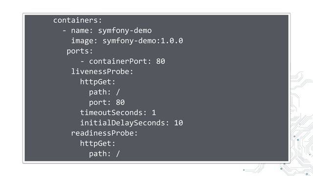 containers:
- name: symfony-demo
image: symfony-demo:1.0.0
ports:
- containerPort: 80
livenessProbe:
httpGet:
path: /
port: 80
timeoutSeconds: 1
initialDelaySeconds: 10
readinessProbe:
httpGet:
path: /
