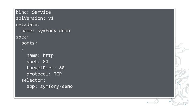 kind: Service
apiVersion: v1
metadata:
name: symfony-demo
spec:
ports:
-
name: http
port: 80
targetPort: 80
protocol: TCP
selector:
app: symfony-demo
